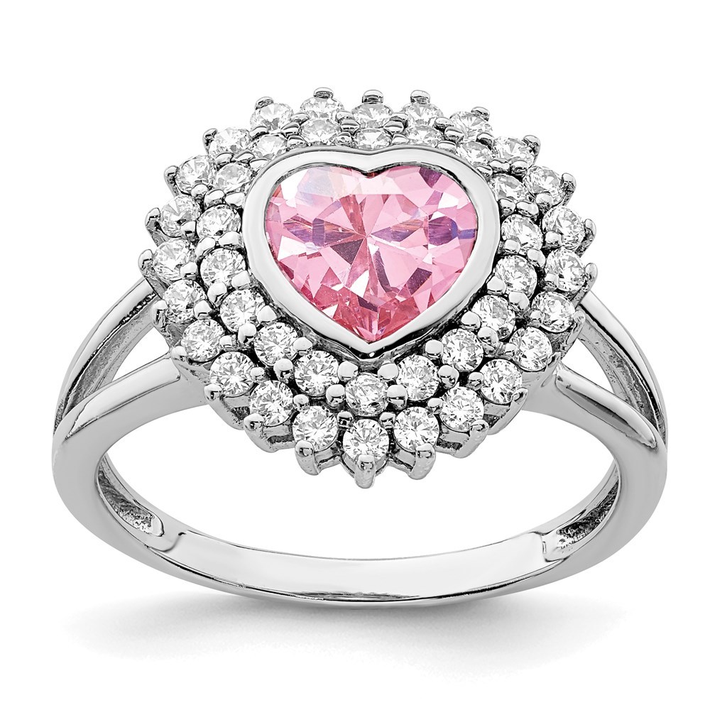 925 Sterling Silver Rhodium-plated 6mm Pink Heart CZ Ring